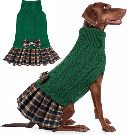 KYEESE Dog Sweater Comfy Dog Sweaters for Medium Dogs Boy Soft Pullover Dogs Clothes Warm Turtleneck Pets Sweaters with Bowtie Thick Knitwear Pet Sweater Dress Stretchy Pet Coats, Green, XX-Large