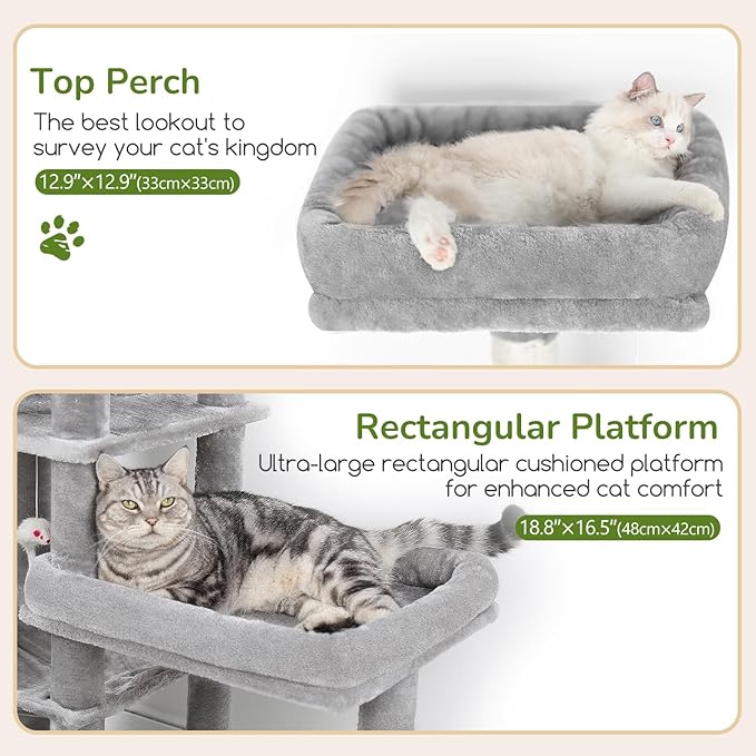 Globlazer Extra Large Platform Cat Tree, 65in Sturdy Cat Tree for Indoor Cats Large Adult, Big Cat Tower for Big Cats with 3 Enlarged Perches, 6 Scratching Posts, Cat Condo, Hammock, S65, Light Grey