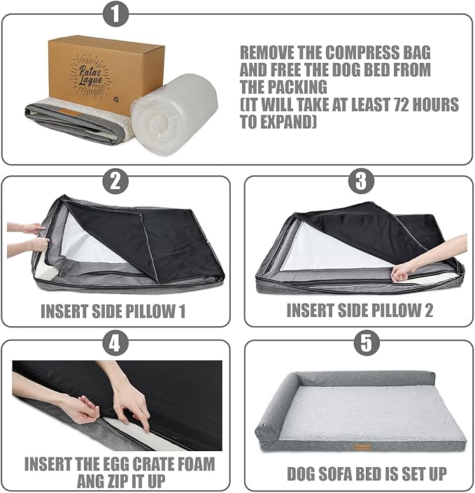 Patas Lague Orthopedic Dog Bed Medium Size Dog 30''X20'', Waterproof L Bolster Medium Pet Sofa Beds with Removable Washable Cover, Soft Comfortable Pet Couch Crate Mat with Nonskid Bottom, Purple