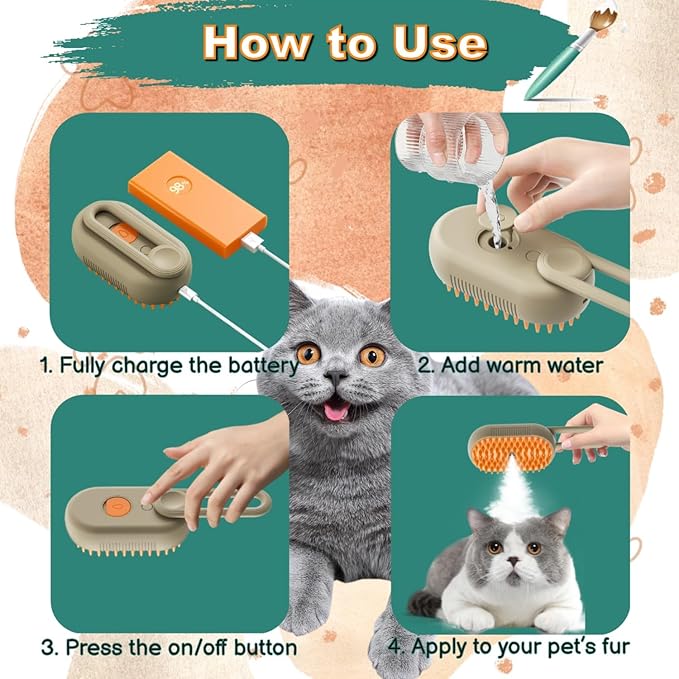 Steam Cat Cordless 3-in-1 Silicone Massaging Grooming Brush With Built-in Lithium Battery, Removes Static and Flying Pet Hair for Cats and Dogs (Beige)