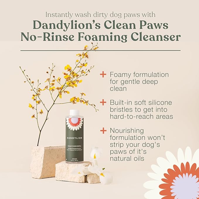 Dandylion Clean Paws No-Rinse Foaming Cleanser Refill – Gentle, Fragrance-Free, pH-Balanced for Dogs, 10 fl oz