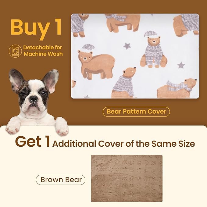 Bearhug Heated Cat Bed, Dog Heating Pad 28"×18"[Two Replaceable Cover] Adjustable Temperature Pet Heating Pad with Steel-Wrapped Cord, Waterproof and Chew-Resistant for Cats Puppies Medium Animals