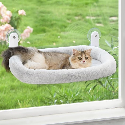 Cat Window Perch, Cordless Cat Hammock Window Seat with Cozy Pad Bed Cover for Indoor Cats, Durable Metal Frame Support Pet Bed with 4 Suction Cups for Large Cats (Cushion Pad Bed - Grey)