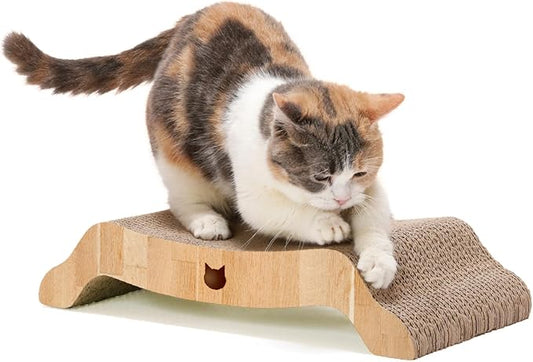 Necoichi Cardboard Cat Scratcher Bed for Indoor Cats - Cat Scratching Board, Horizontal Cat Scratch Pad Lounger with Reversible Usability and Extra Comfort for Lounge, Curved (17" Regular, Oak)