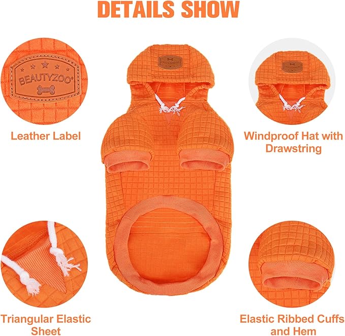 BEAUTYZOO Small Dog Hoodie Sweater with Pockets, Dog Clothes for Small Medium Dogs Boy Girl, Waffle-Like Laminated Cotton Pet Coats with Hat and Leash Hole, Orange XS