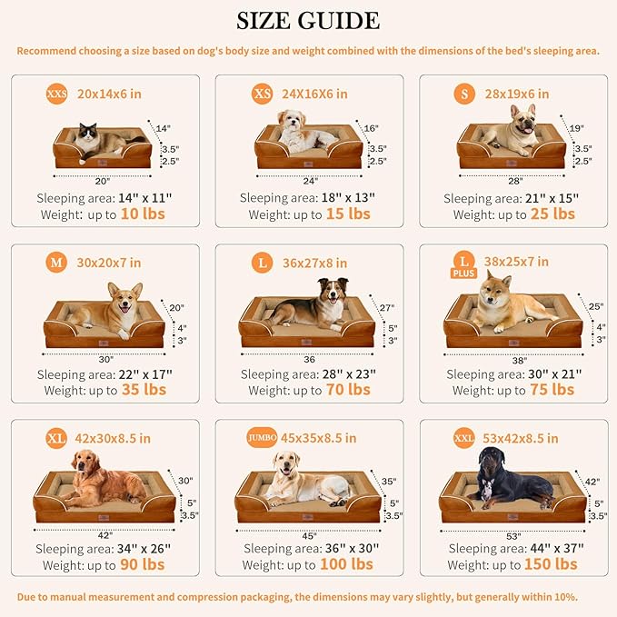 Comfort Expression Orthopedic Dog Bed for Extra Large Dogs 45x35 Inch, Waterproof Supportive Egg Crate Foam XL Pet Bed with Removable Bolsters, Dog Couch with Washable Cover & Non-Slip Bottom, Orange