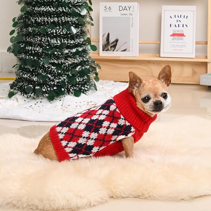 Dog Sweater for Small Dogs Plaid Checkered Knit Turtleneck Pullover Winter Clothes Boys Girls Stretch Puppy Doggie Chihuahua Yorkie Toy Poodle Pomeranian Christmas Pet S