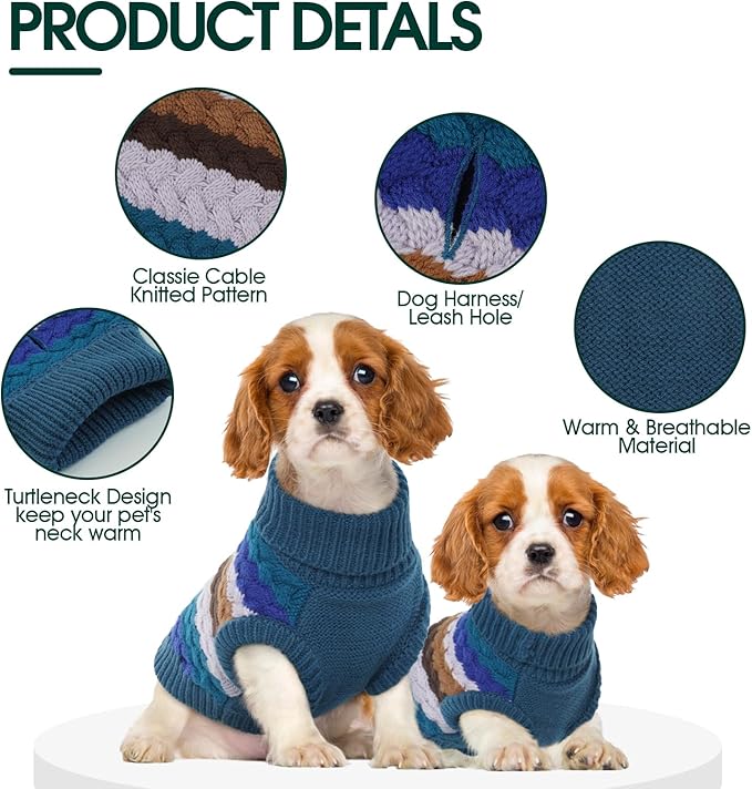Kuoser Dog Sweater, XL Dog Sweaters for Large Dogs Pet Cable Knitted Pullover Warm Clothes, Turtleneck Classic Knitwear Soft Thick Puppy Xmas Holiday Outfit Cold Weather Thermal Wear, Blue XL