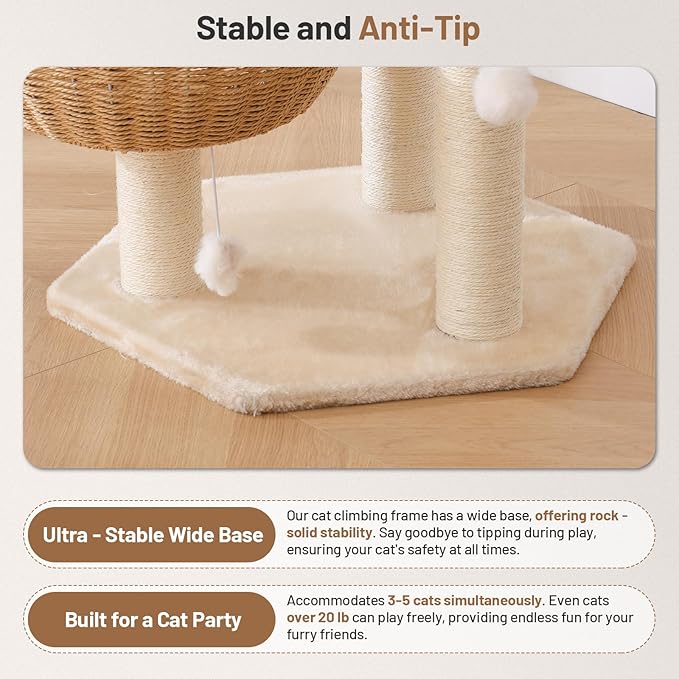 Modern Rattan Cat Tree House Condo Climbing Tower with Scratching Post for Indoor Large Adult Cat