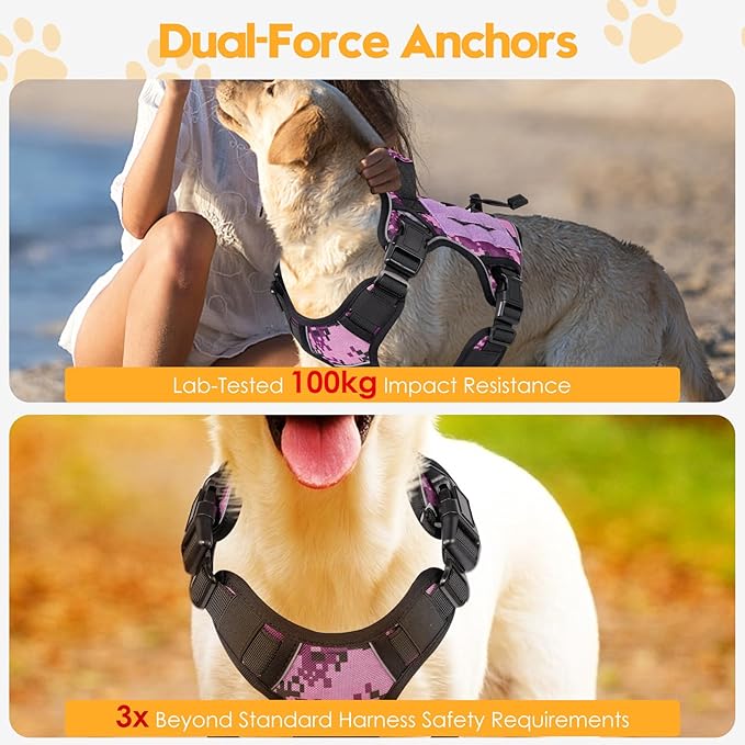 Heavy-Duty Tactical Dog Harness for Large Dogs, No Pull Adjustable Reflective Pet Vest with Molle System, K9 Military-Grade Control for Service Training, Outdoor & 10+ Breeds, Purple Camo, Small