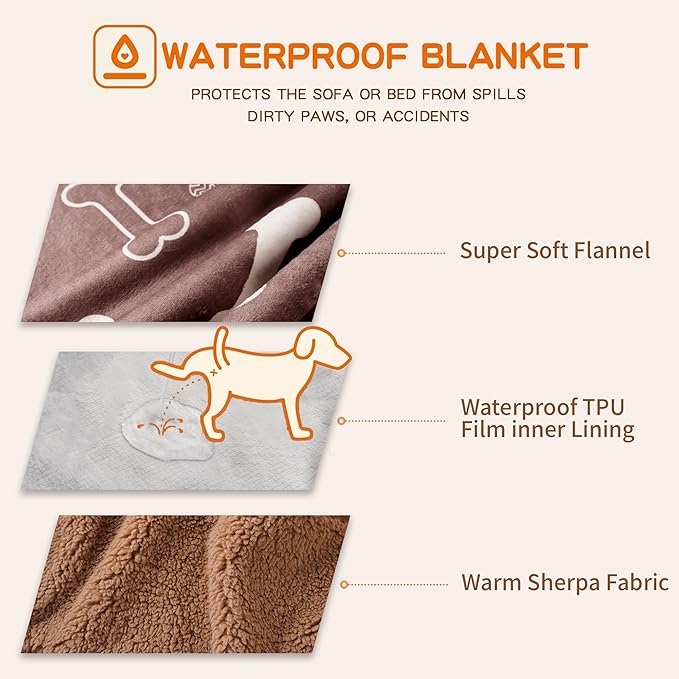 Waterproof Dog Blankets Pet Blanket 60"x80", Soft Fluffy Sofa Car Bed Protector, Reversible Sherpa Fleece Dog Blanket for Large Dogs (Chocolate Brown-Bones)