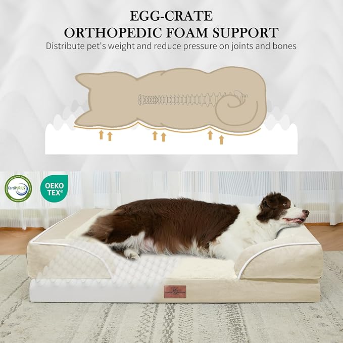 Comfort Expression Orthopedic Dog Bed for Extra Large Dogs 53x42 Inch, Waterproof Supportive Egg Crate Foam XXL Pet Bed with Removable Bolsters, Dog Couch with Washable Cover & Non-Slip Bottom, Beige