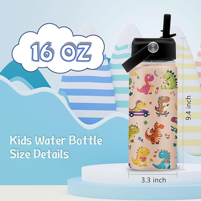 16 oz Water Bottle with Straw Lid, Stainless Steel Insulated Tumbler, Cute Dinosaurs Water Bottles for Birthday Christmas, Dinosaurs Lovers Gifts