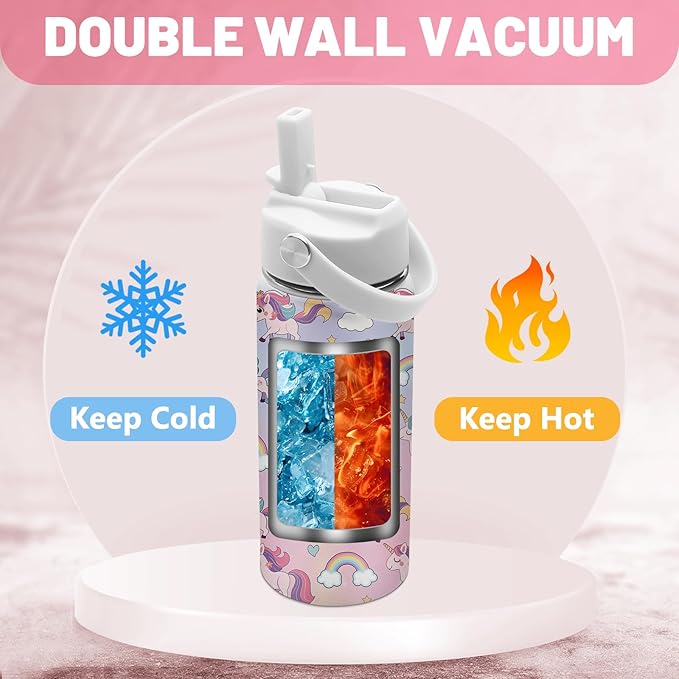 Gifts for Unicorn Lovers, 16 oz Water Bottles with Straw Lid, Stainless Steel Insulated Tumbler for Travel Outdoor, Cute Unicorn Water Bottle Gifts for Birthday Christmas