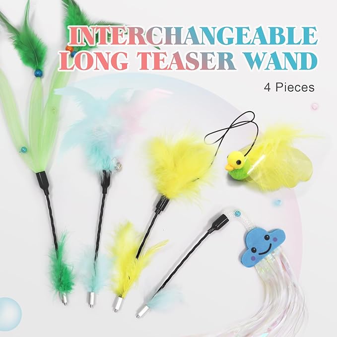SONGWAY Cat Feather Wand Toy - Cat Teaser Toy Wand with 4 Flexible Feather Teaser Refills, Interactive Cute Tassel Cat Toys for Indoor Cats Kittens