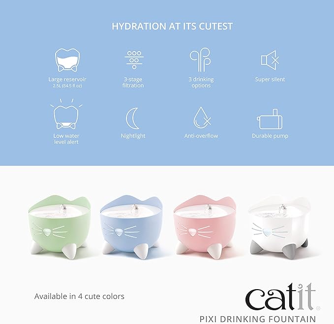 Catit PIXI Drinking Fountain – Cat Water Fountain with Triple Filter and Ergonomic Drinking Options, Pink