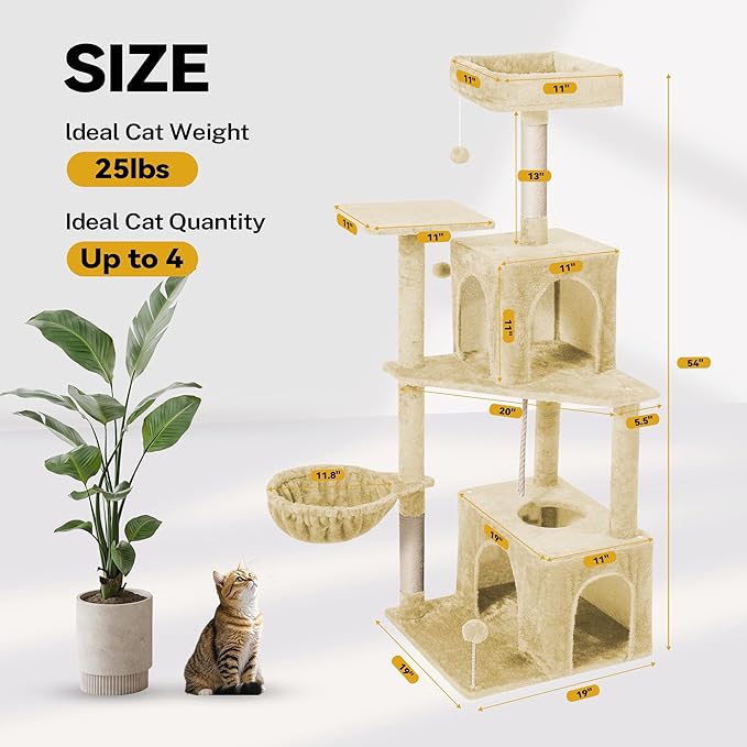 Cat Tree 54-Inch Cat Tower with Padded Plush Perch 2 Comfy Caves, Scratching Posts, Basket, 2 Pompoms, Multi-Level Plush Cat Condo for Indoor Cats Kittens, Beige