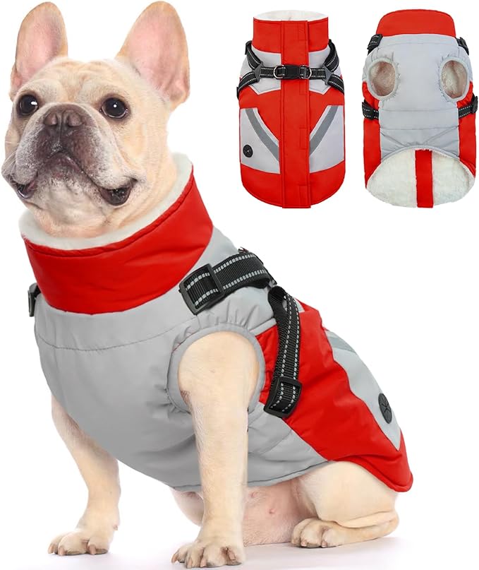 FUAMEY Dog Winter Jackets for Small Dogs,Dog Coat with Harness Built in,Waterproof Dogs Snowsuits Warm Pet Jacket Zip Up Fleece Cold Weather Coats Reflective Puppy Vest with Pocket Red XS