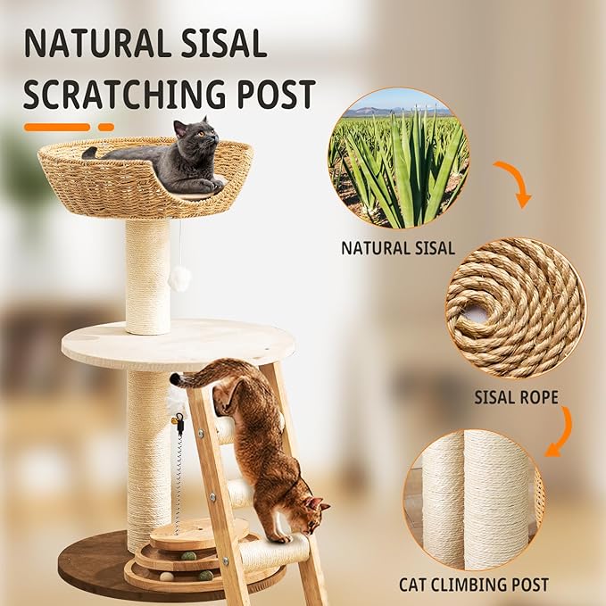 Natural Wood Modern Cat Tree with Top Cats Bed, Unique Cute Cats Furniture Activity Centre with Sisal Rope Scratching Posts, Cats Tower Condo with Interactive Cat Toy Tree