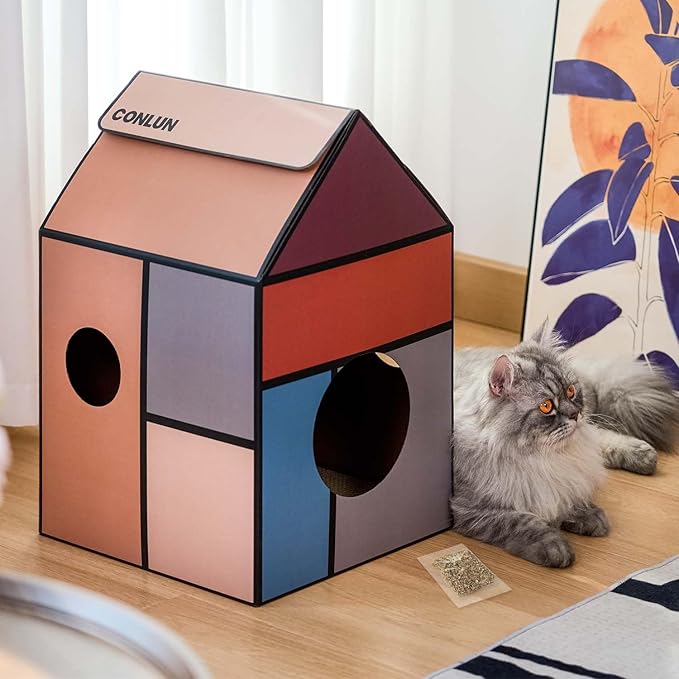 Cardboard Cat House with Scratch Pad & Catnip, Cat Play Scratching House for Indoor Hideaway Furniture, Heavy Duty Sturdy Cardboard Scratcher, Easy to Assemble Birthday Gift