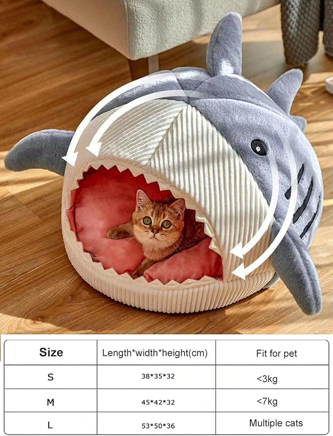 QWINEE Cat Mat Shark-Shaped Kennel Kitten Bed Hideout House Warm Soft Comfortable Semi-Closed Cat Dog Nest Blue L