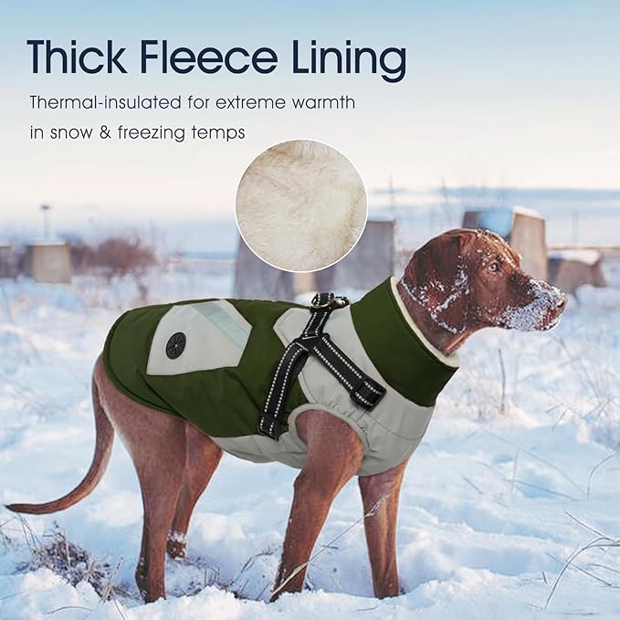 IECOii Dog Jacket Winter Harness Built in -Green,XXXLarge- Zip Up Dog Coat Winter Clothes for Large Dogs Waterproof, Dogs Snowsuit Snow Jacket D-Rring Labrador German Shepherd Doberman Rottweiler