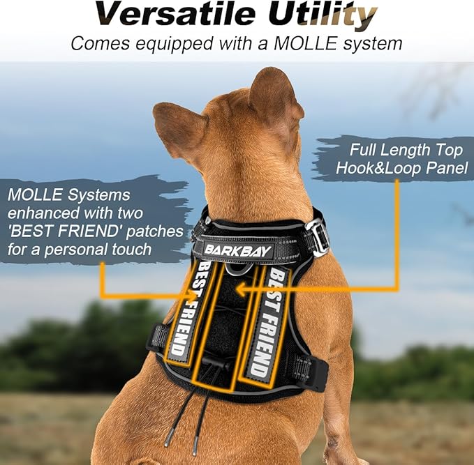 BARKBAY Service Dog Vest Tactical Dog Harness Medium Large Sized Dog Tags Personalized No Pull Adjustable Harness Reflective K9 Working Training Easy Control Military Molle System(Black,M)