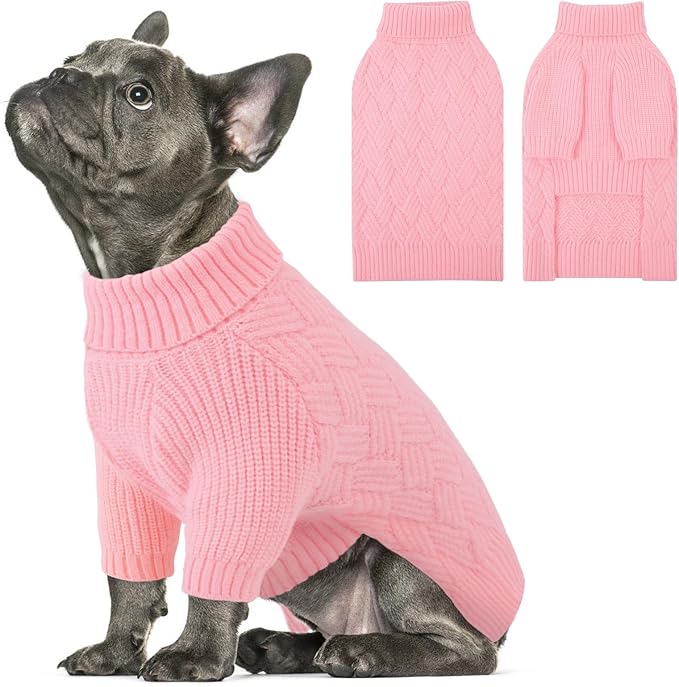 SUNFURA XS Dog Sweater, Small Dog Sweater Doggie Knitted Knitwear for Winter, Cat Pullover Christmas Sweatshirt for Yorkie Chihuahua, Warm Thick Turtleneck Clothes for Puppy, Pink X-Small