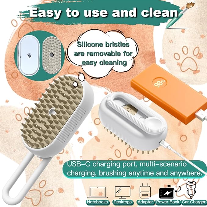 SteamCat 3 in 1 Cordless Cat Grooming Brush, Built-in Lithium Battery, Silicone Massaging, Removes Static & Pet Hair, for Cats & Dogs (White)