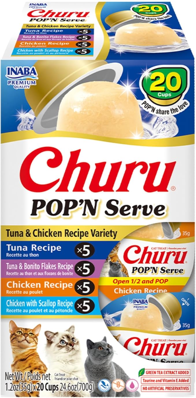 INABA Churu Pop'N Serve Jelly Cat Treat with Vitamin E & Taurine, 1.2 Ounce Cup, 20 Cups, Tuna & Chicken Variety