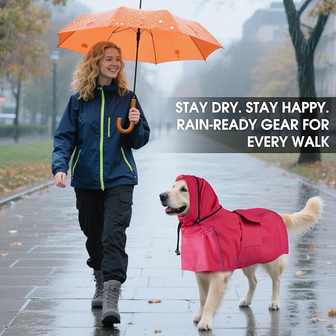 Dog Raincoats for Large Dogs with Hood, Waterproof Dog Rain Coat with Leash Hole, Reflect Strips, Ideal for Rain, Snow, Windy Weather & Outdoor Walks, Camping, Hiking - Pink L