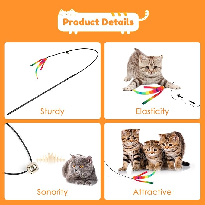 SHENGSEN Feather Wand Cat Toy，Bouncy Ball with Tail Cat Toys，Magic Worm with Large Colorful Ball Toy for Cats，Cat Feather Toys for Indoor Cats,Colorful Fuzzy Worm Bouncy Balls Cat Toy