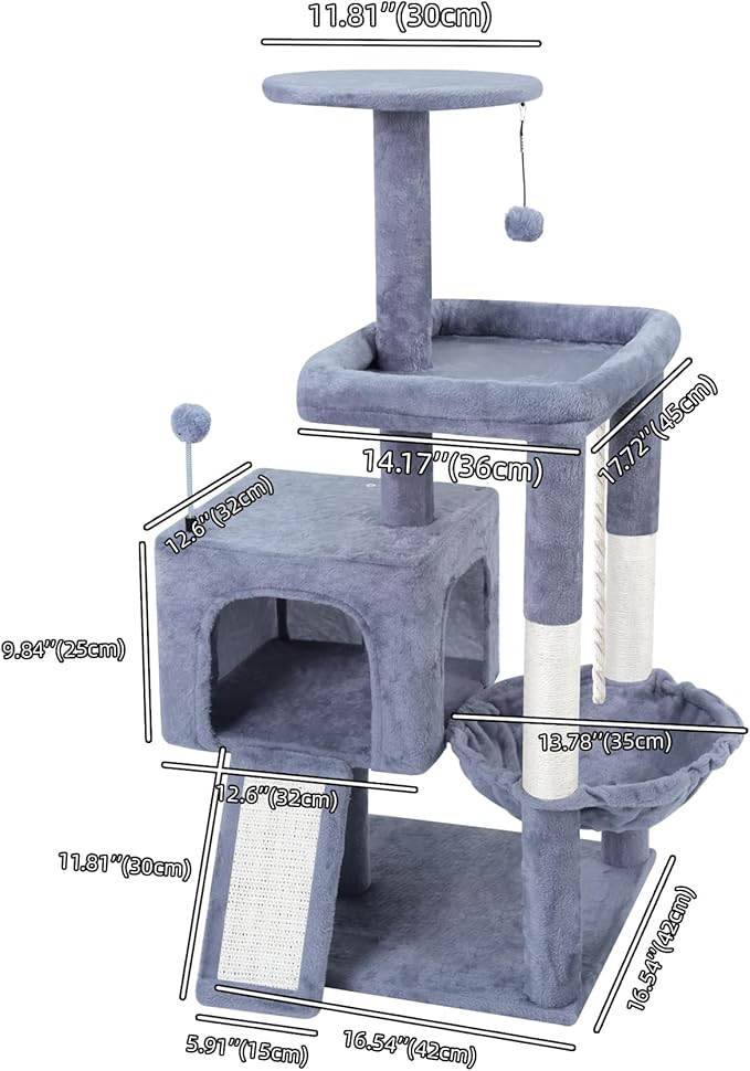 TWDEPART 37.5" All-in-One Cat Tree Tower with Scratching Board & Posts Cozy Sleeping Perch Hammock and Toy Balls,Grey