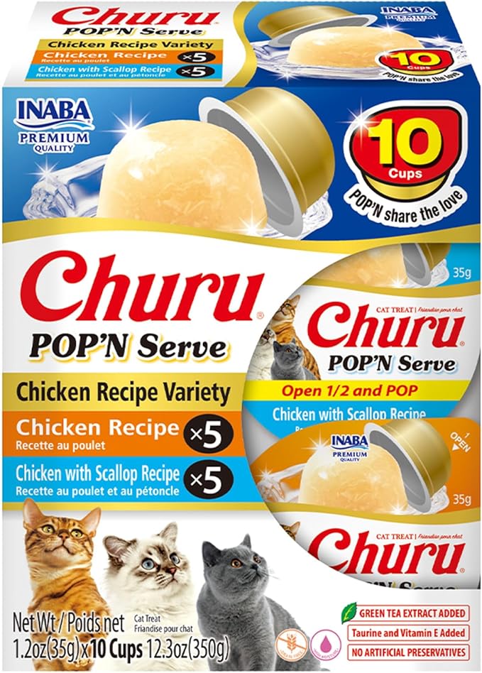 INABA Churu Pop'N Serve Jelly Cat Treat with Vitamin E & Taurine, 1.2 Ounce Cup, 10 Cups, Chicken Variety