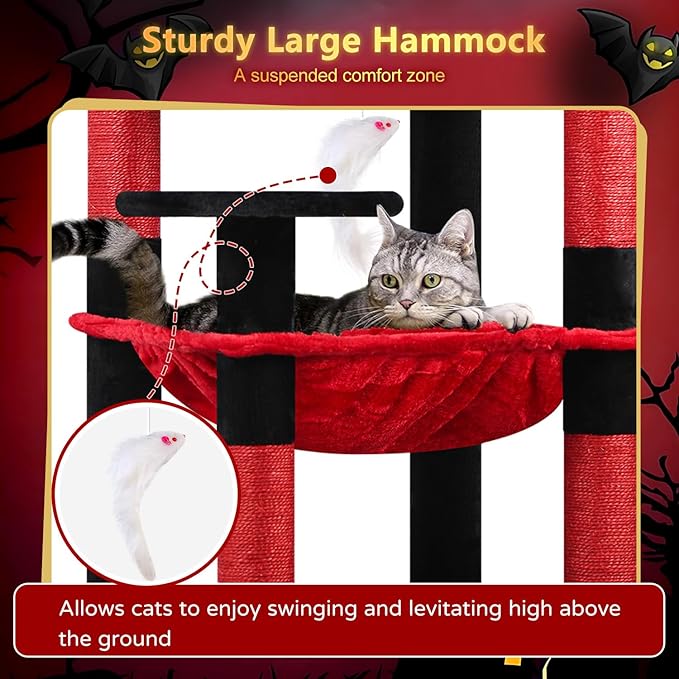 Globlazer Gothic Cat Tree Tower with Scratching Post for Indoor Cats, 53inch Tall Plush Multi-Level Cat Climbing Tower Condo with Large Hammock, Spacious Cat Cave, Padded Top Perch, F53, Red Black