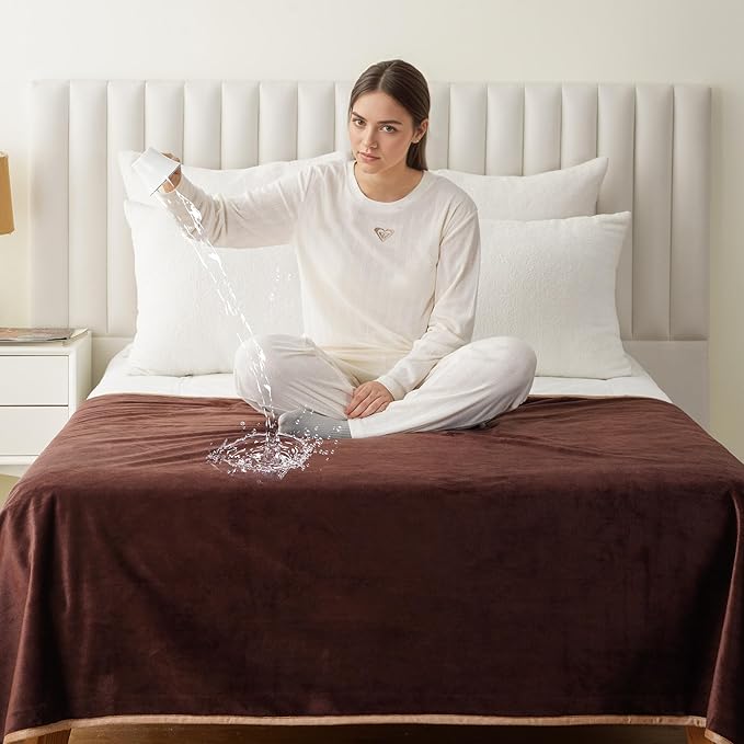 Water Proof Blanket 50x60 Inches - Reversible Flannel Blanket for Bed, Sofa,Couch- Spillproof, Leakproof Soft Double-Sided Brown Throw Blanket for Adults, Pets, Couples