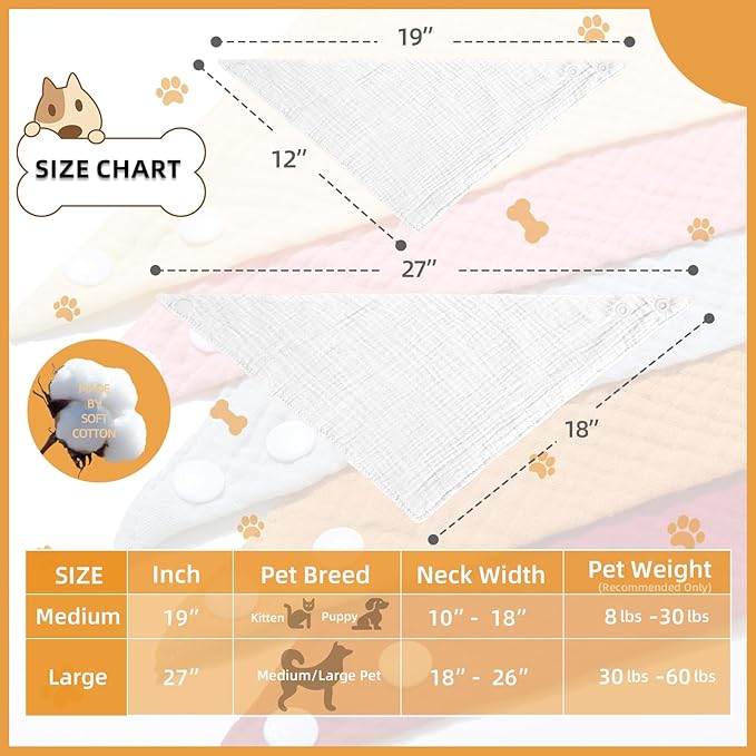 Dog's Bandanas Solid Color Soft Cotton Pet Scarf with Adustable Button,White,Medium