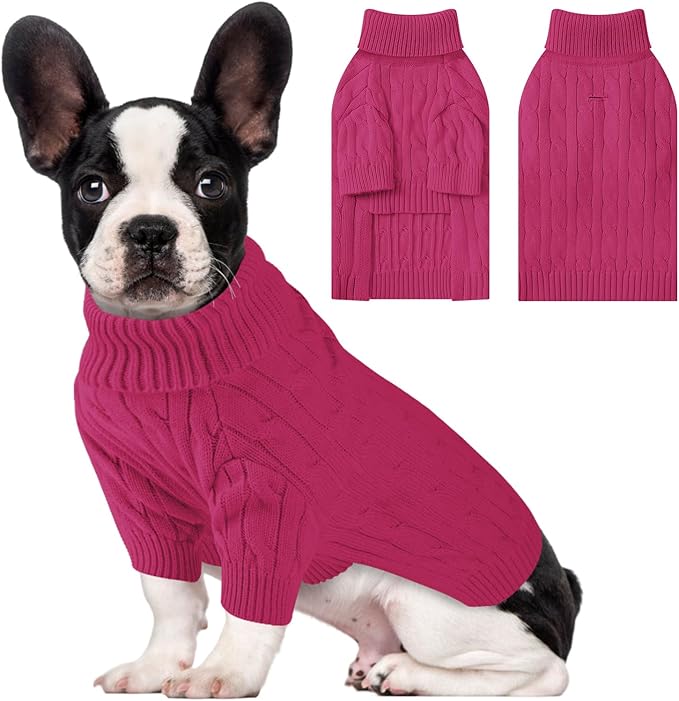 Small Dog Thermal Pullover Sweater, Classic Turtleneck Cable Knitwear Dog Clothes for Cold Weather Warm Pet Clothes for Chihuahua, Bulldog, Dachshund, Pug Hot Pink Small