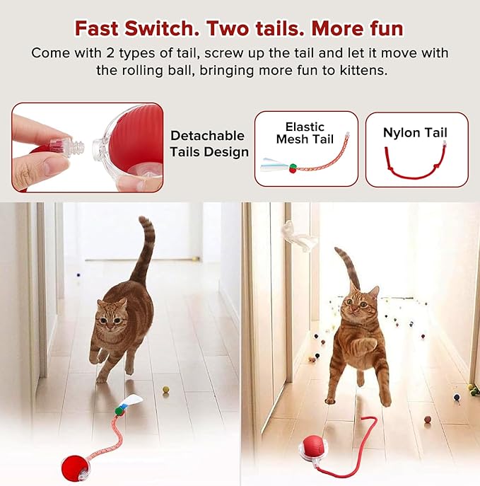 Interactive Cat Toys for Indoor Cats, Motion Activated Cat Ball with 3 Speeds, 2 Replaceable Tails, Safe Material Kitten Toys, USB Charging, 360° Smart Rolling Ball for Bored Adult Cats and Dogs