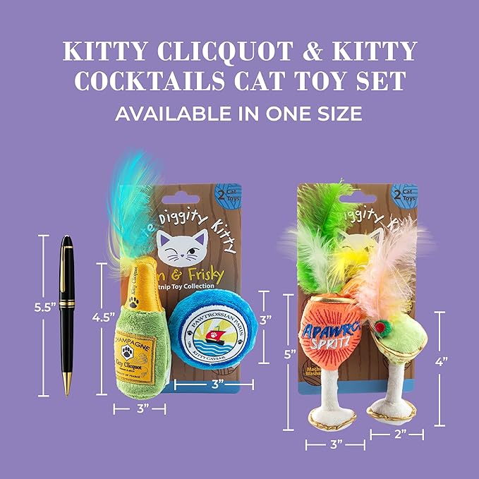 Clicquot Champagne & Caviar + Kitty Cocktails Apawrol Spritz & Cattini Set, Plush Cat Toys Catnip Filled with Interactive Crackle Sound, Safe, Durable Toys for Cat & Kitten, 4 Pcs