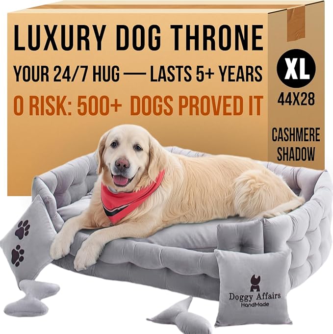Luxury Dog Bed Chesterfield – Handcrafted Velvet Throne for Dogs | Joint Support, Calming & Temp-Regulating Comfort | Durable 5+ Years, Anti-Claw, Washable 100+ Times – XL, Grey