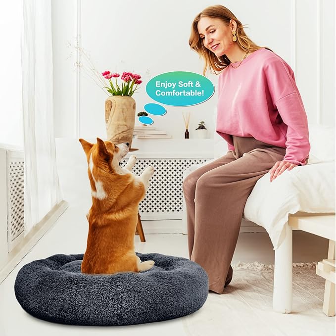 SAVFOX Plush Calming Donut Dog Beds for Small Dogs, Medium, Large & X-Large Breeds, Comfy Cuddler Dog Bed and Cat Bed in Faux Fur, Washable, Multiple Sizes S-XXL