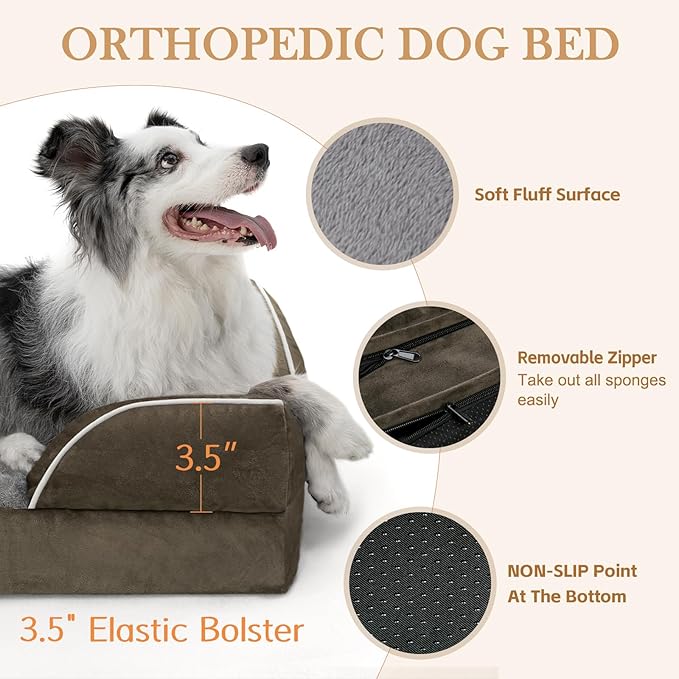 Comfort Expression Orthopedic Dog Bed for Small Dogs 20x14 Inch, Waterproof Supportive Egg Crate Foam Small Pet Bed with Removable Bolsters, Dog Couch with Washable Cover & Non-Slip Bottom, Dark Green