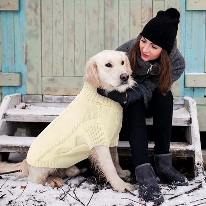 Queenmore Dog Sweater Large Size,Warm Dog Sweaters for Big Dogs,Chunky Knitted Doggy Sweater for Extra Large Dogs Boy Girl, Big Doggie Turtleneck Winter Outfit (White,2XL)