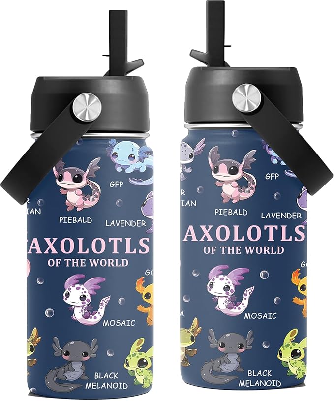 Axolotl Gifts, 16 oz Water Bottle with Straw Lid, Stainless Steel Insulated Tumbler, Cute Animals Water Bottles, Axolotl Cup Gifts for Birthday Christmas