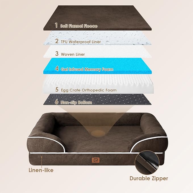 EHEYCIGA Orthopedic Dog Bed for Medium Dogs, Waterproof Memory Foam Medium Dog Beds with Sides, Non-Slip Bottom and Egg-Crate Foam Pet Couch Bed with Washable Removable Cover, Brown