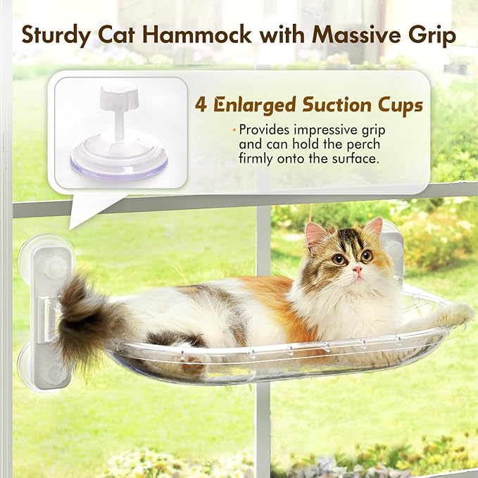 AMOSIJOY Transparent Cat Window Perch, Easy to Install & Clean Cat Hammock with 4 Enlarged Suction Cups for Large Cats, Panoramic Space Capsule Window Seat with Cozy Furry Mat