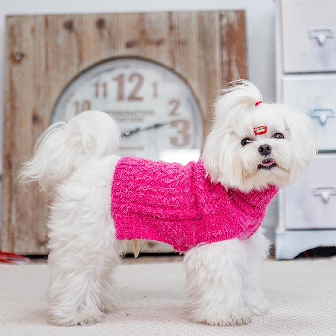 Turtleneck Small Dog Sweaters - Classic Cable Knitwear Winter Coat for Small Medium Dogs Male Female Puppy Dog Cold Weather Clothes Girls Boys, Hot Pink, S/M