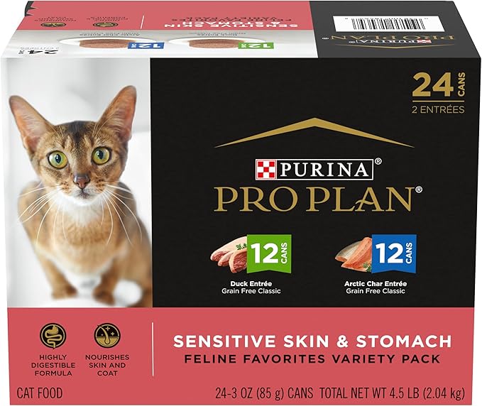 Purina Pro Plan Sensitive Skin and Stomach Wet Cat Food Variety Pack, Duck and Artic Char Entrees - (Pack of 24) 3 oz. Cans