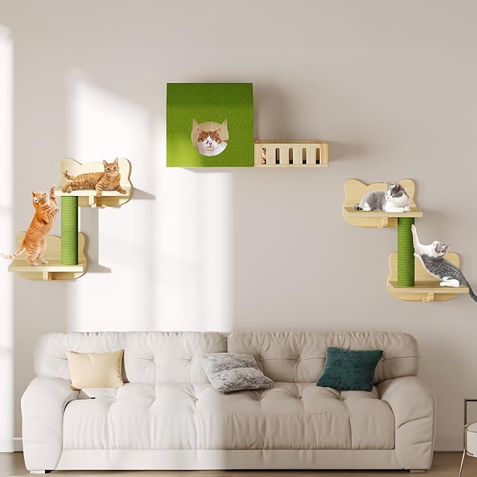 DWVO Cat Wall Shelves and Perches for Wall, Solid Wood Wall Mounted Cat Furniture, Set of 7 Cats Climbing Shelves for Large Cats with Green Wall House and Fence, Steps, Scratching Posts